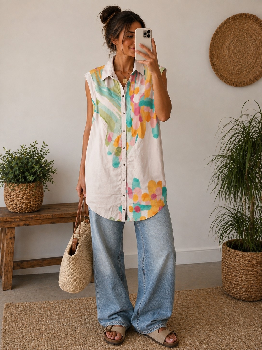 MAEVE Sleeveless Button-Front Painted Print Tunic - White Multicolor